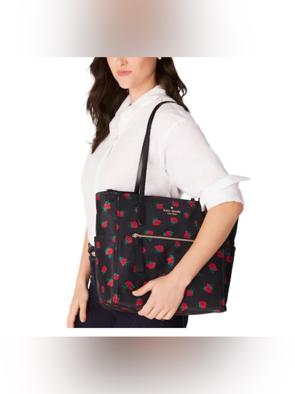 kate spade New York Chelsey black tote with red rose print